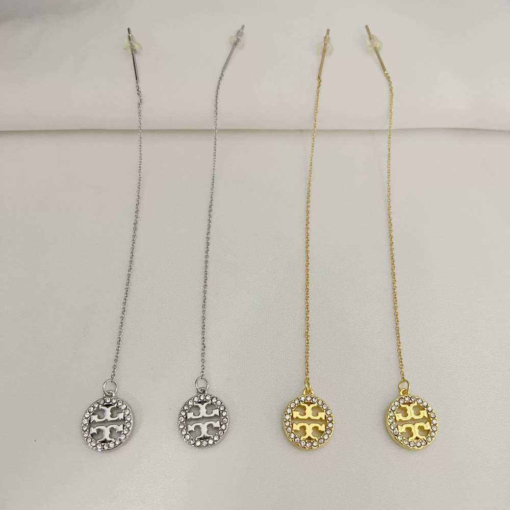 Tory Burch Rhinestone Hollow Round Letter Metal Earrings